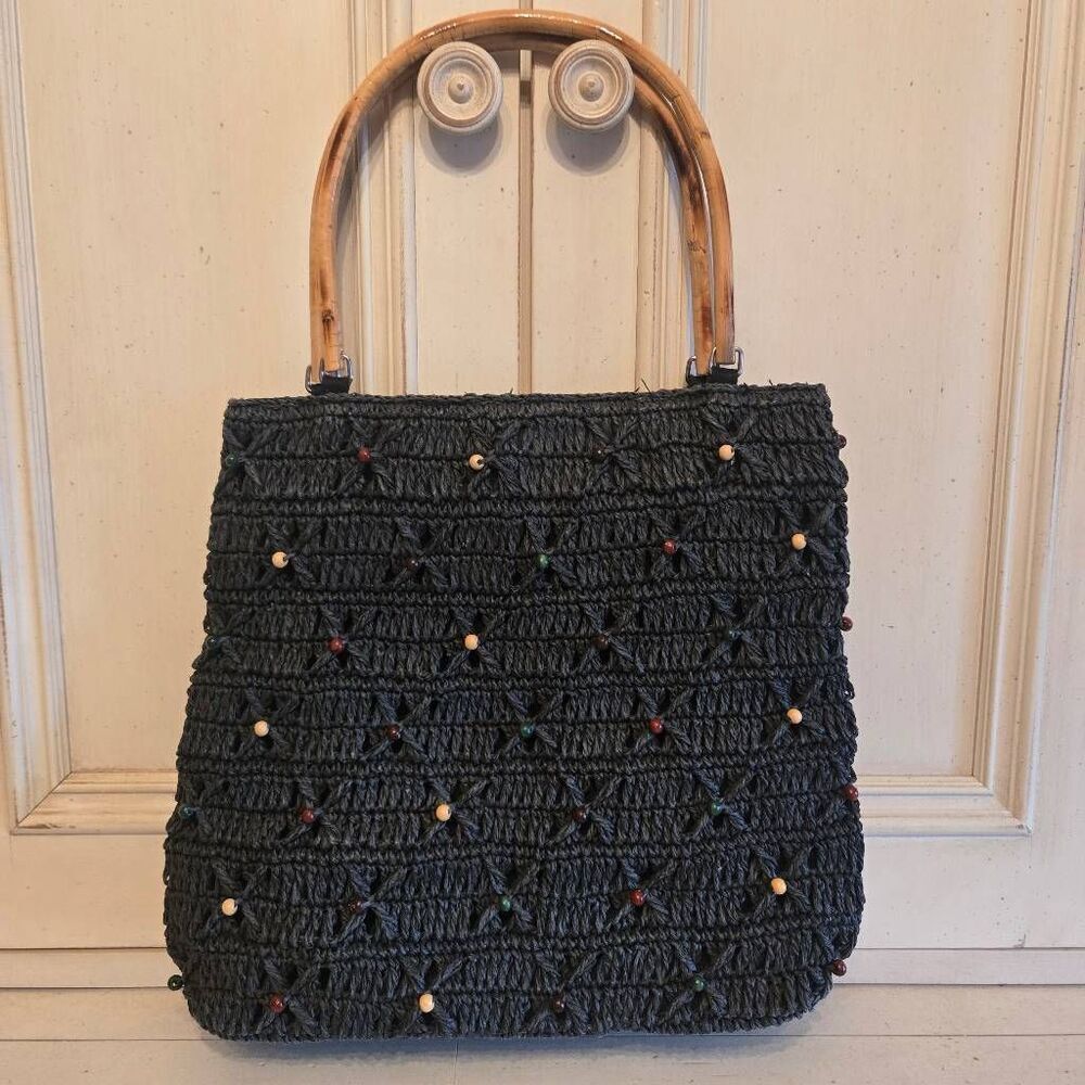 Talbots Black Paper Straw Bag Purse Wood Bead Accents Bamboo Handles